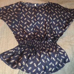 Navy peacock feather polyester blouse sz.XXL